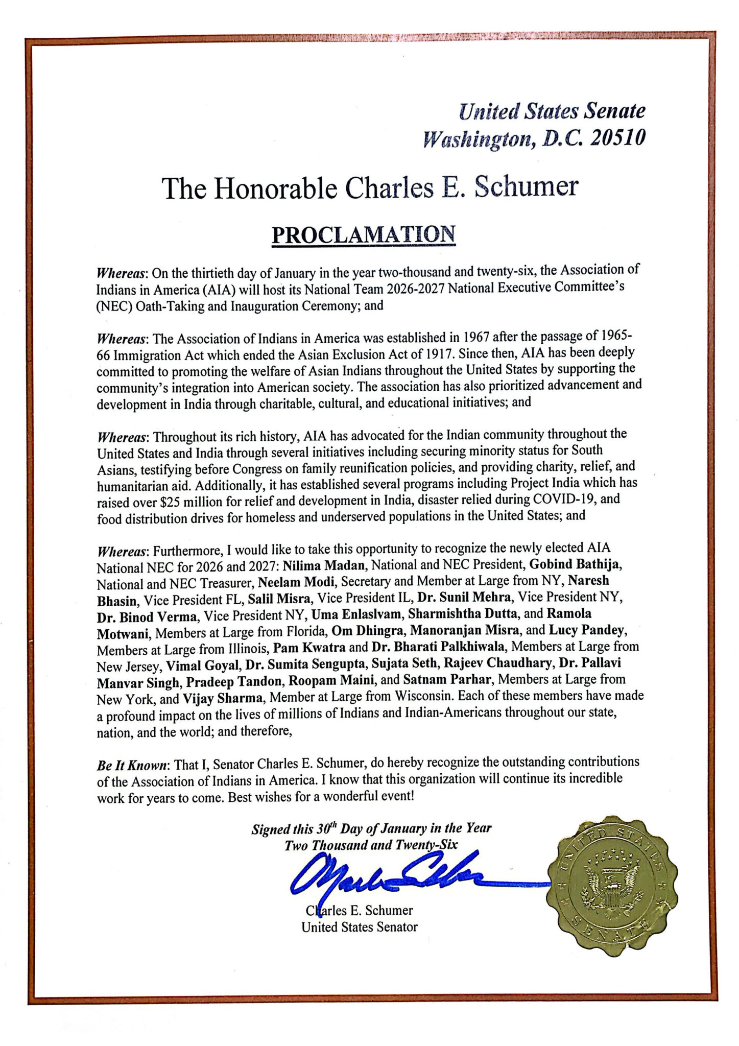 Proclamation Chum AIA – Indian Heritage American Commitment – Indian Heritage American ...